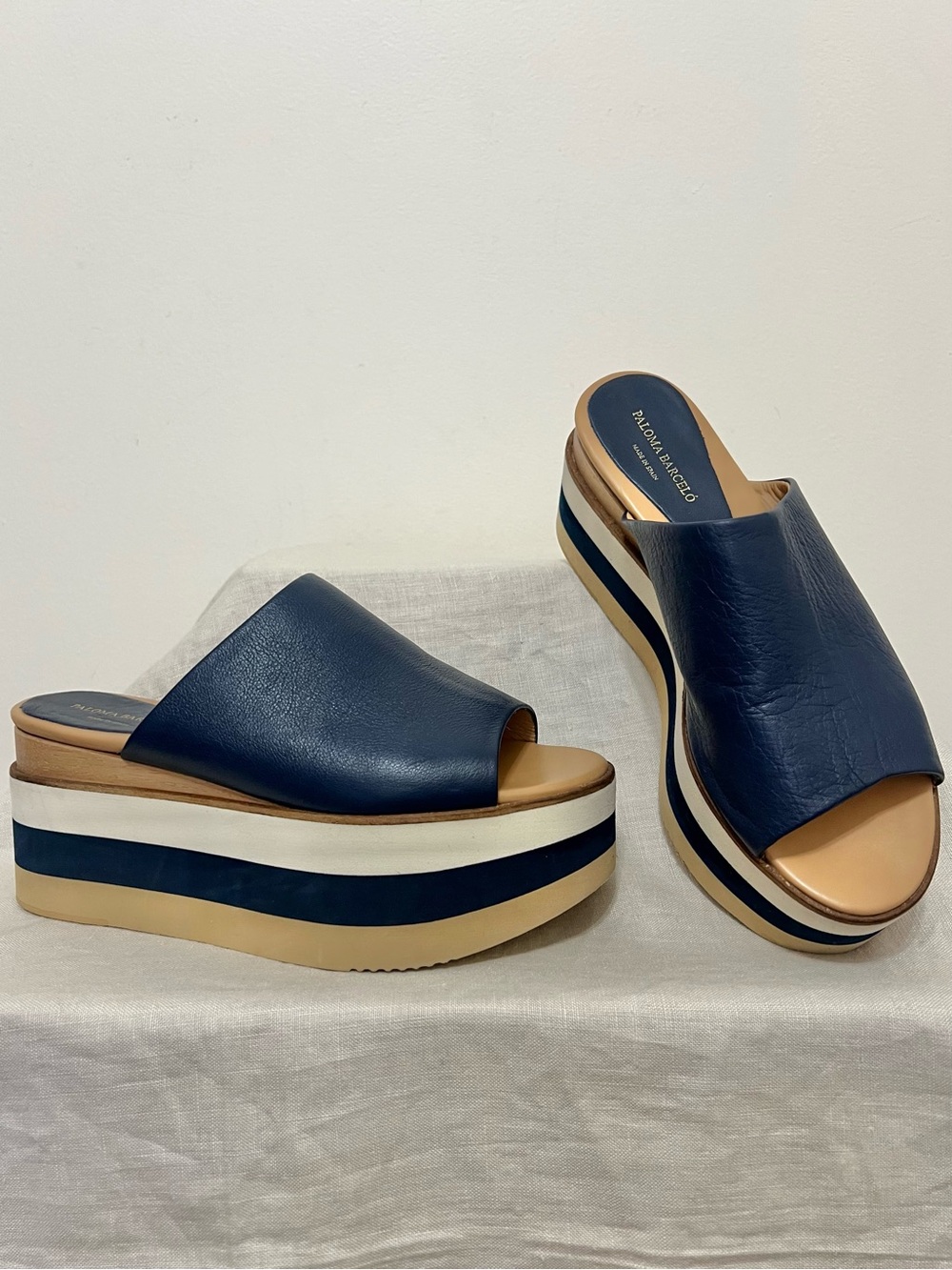 Paloma Barcelo Navy and Tan Striped Platform Slide Sandals - Picture 4 of 12